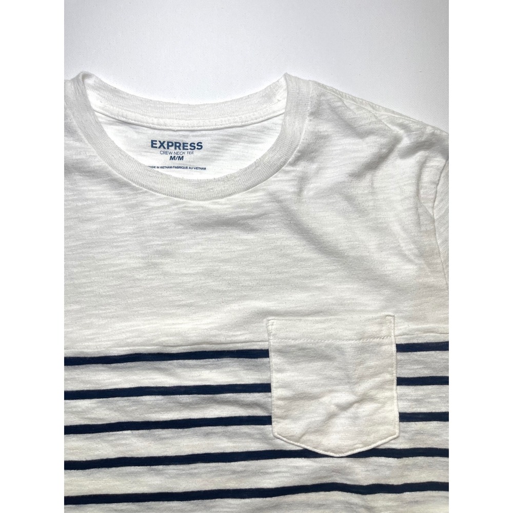 Express Mens Medium Long Sleeve Striped Pocket Crew Neck Tee White Navy Blue 320 - Picture 4 of 9